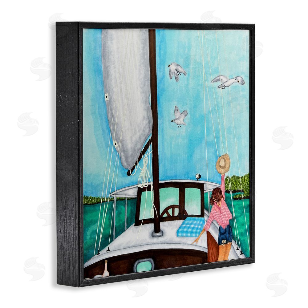 Ale Saiz Studio Girl on Boat Scene Black Framed Glicee Wall Art Print