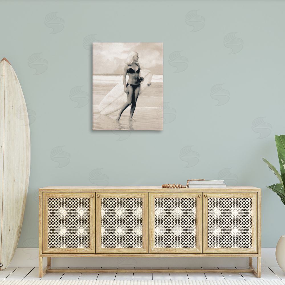 Graffitee Studios Surfing Woman on Shore