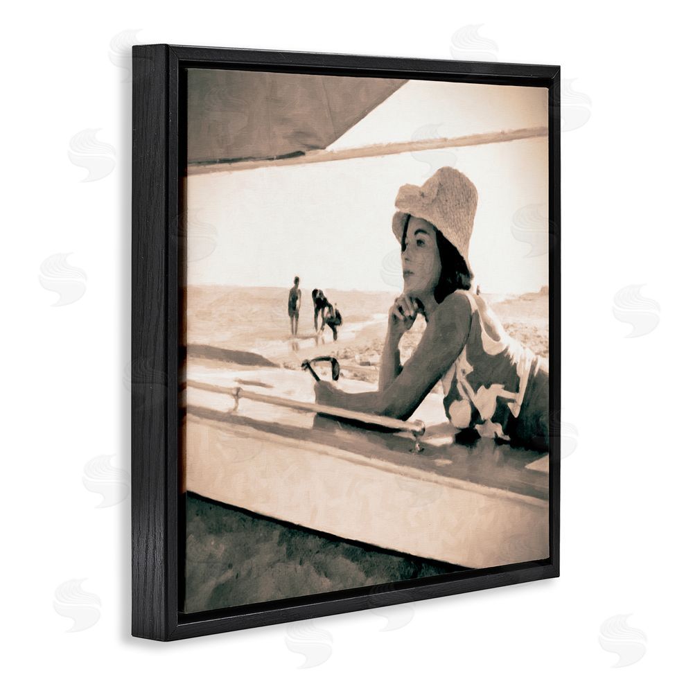 Graffitee Studios Vintage Woman Sunbathing Black Floating Frame Canvas Wall Art Print