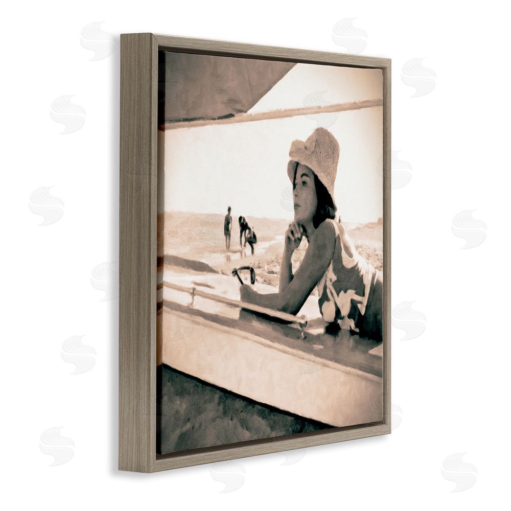 Graffitee Studios Vintage Woman Sunbathing Brown Floating Frame Canvas Wall Art Print