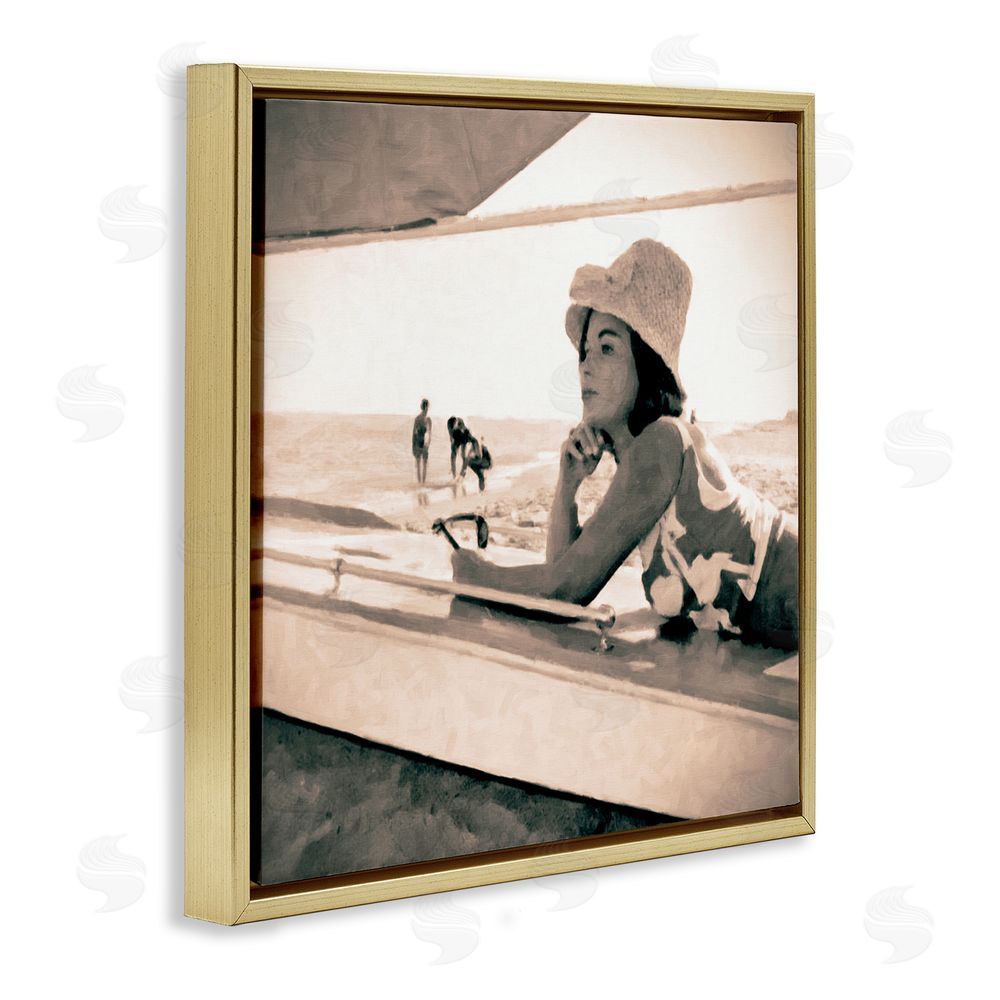 Graffitee Studios Vintage Woman Sunbathing Gold Floating Frame Canvas Wall Art Print