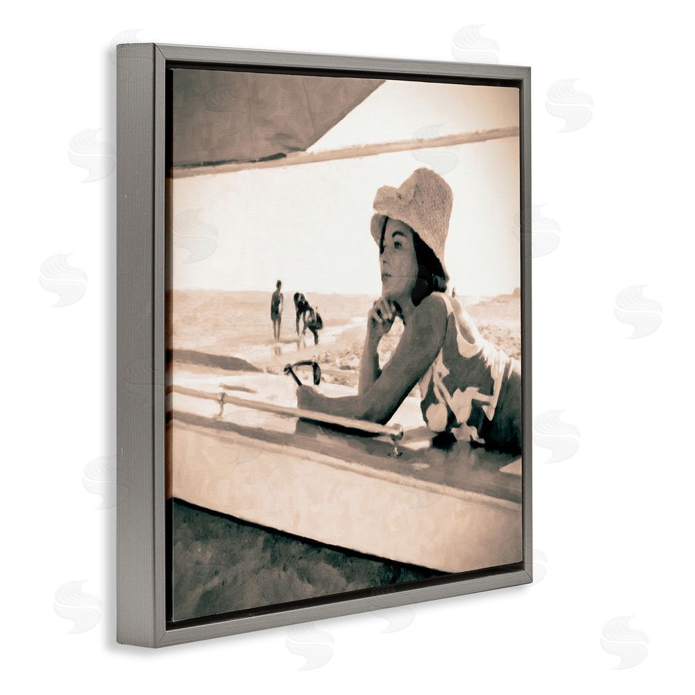 Graffitee Studios Vintage Woman Sunbathing Gray Floating Frame Canvas Wall Art Print