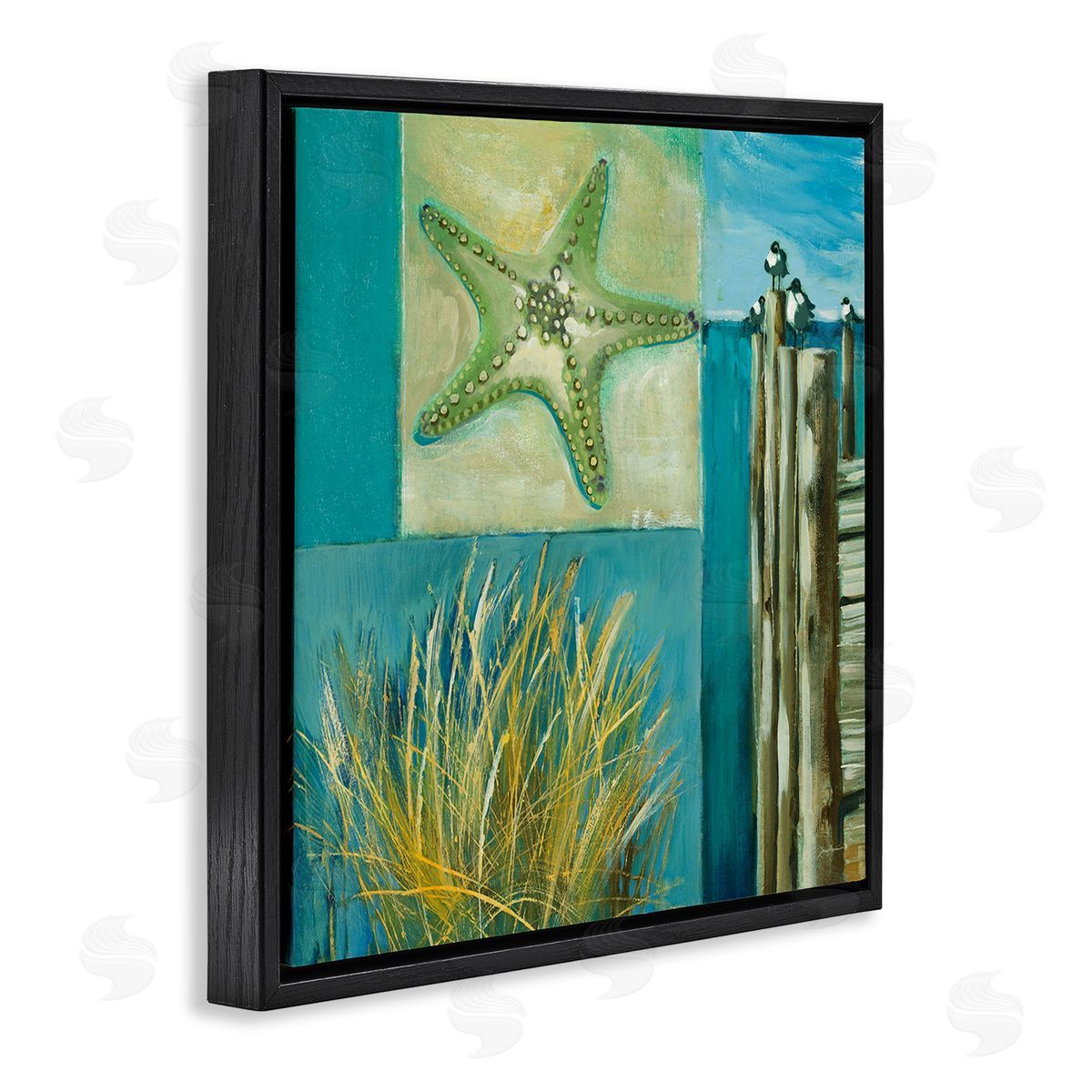 Liz Jardine Modern Beach Dock Collage Black Floating Frame Canvas Wall Art Print