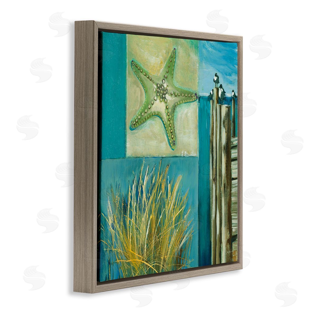 Liz Jardine Modern Beach Dock Collage Brown Floating Frame Canvas Wall Art Print