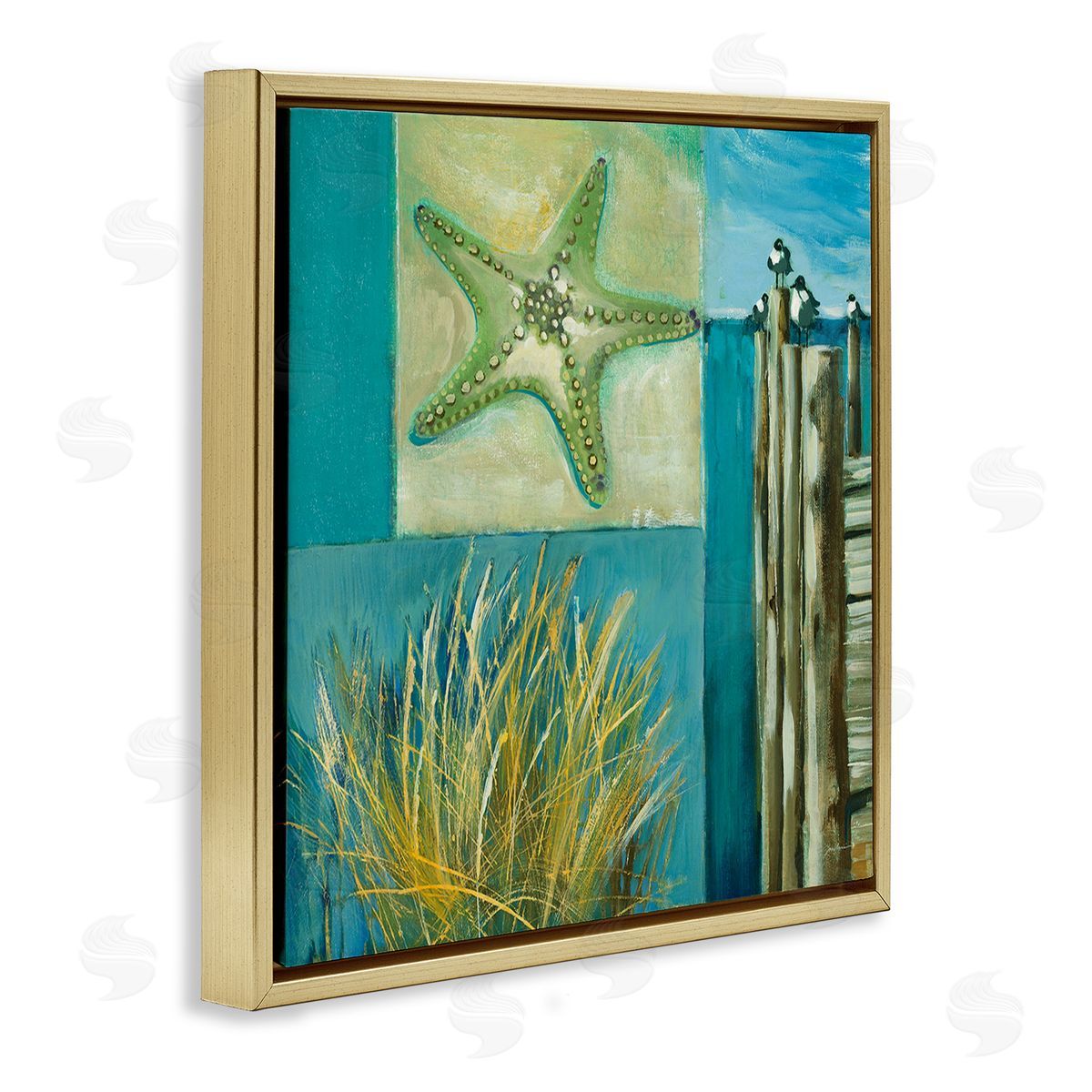 Liz Jardine Modern Beach Dock Collage Gold Floating Frame Canvas Wall Art Print
