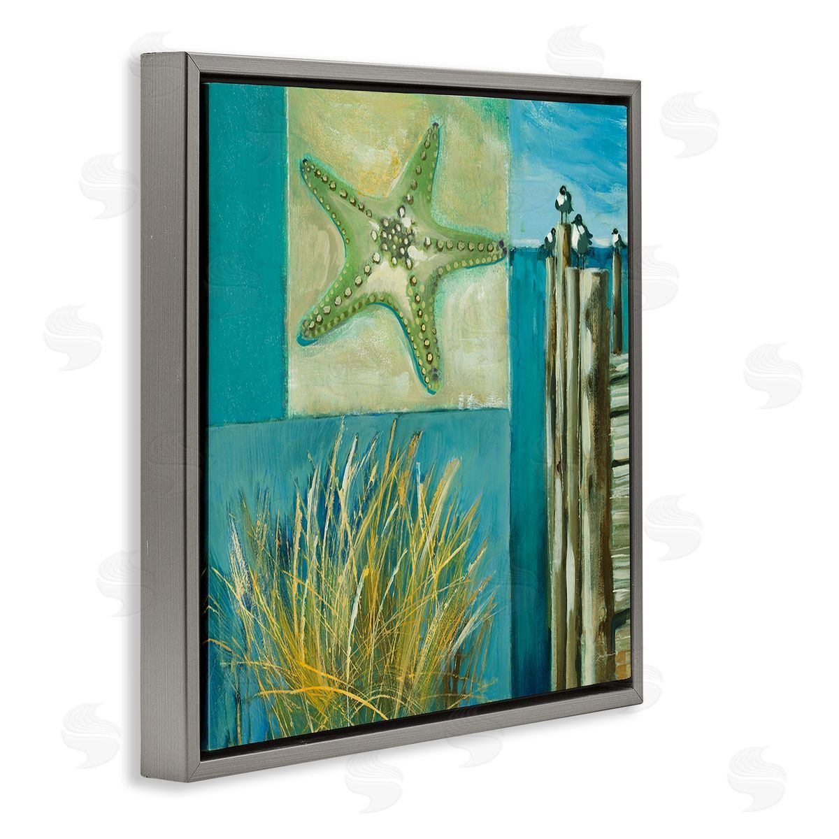Liz Jardine Modern Beach Dock Collage Gray Floating Frame Canvas Wall Art Print