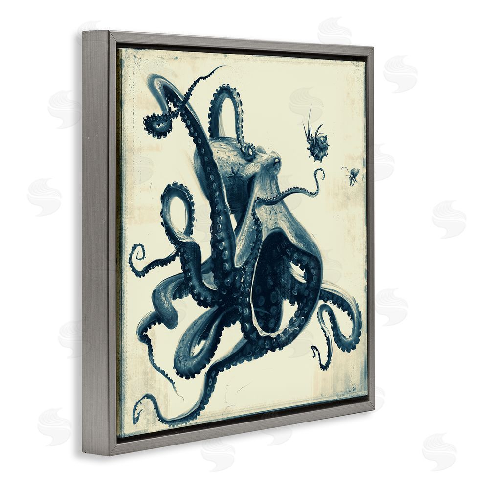 Vlad Mel Vintage Maritime Octopus Gray Floating Frame Canvas Wall Art Print