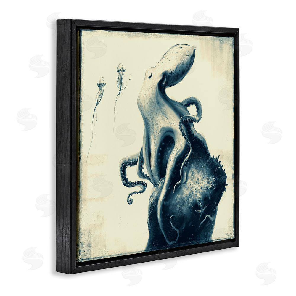 Vlad Mel Vintage Octopus & Jellyfish Black Floating Frame Canvas Wall Art Print