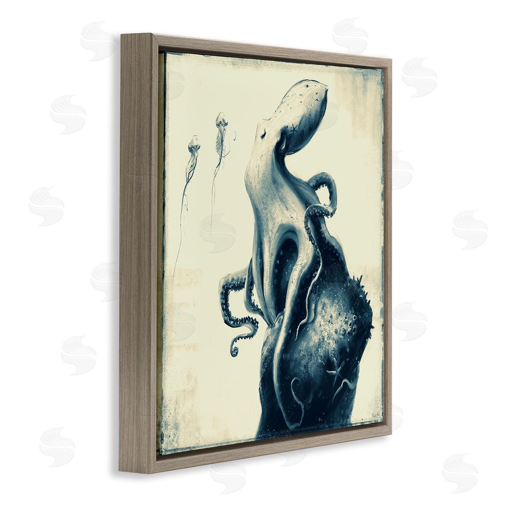 Vlad Mel Vintage Octopus & Jellyfish Brown Floating Frame Canvas Wall Art Print