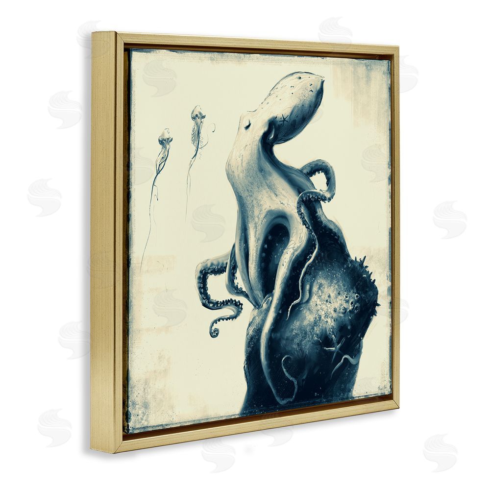 Vlad Mel Vintage Octopus & Jellyfish Gold Floating Frame Canvas Wall Art Print
