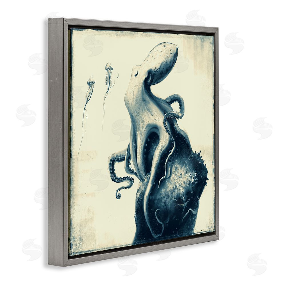 Vlad Mel Vintage Octopus & Jellyfish Gray Floating Frame Canvas Wall Art Print