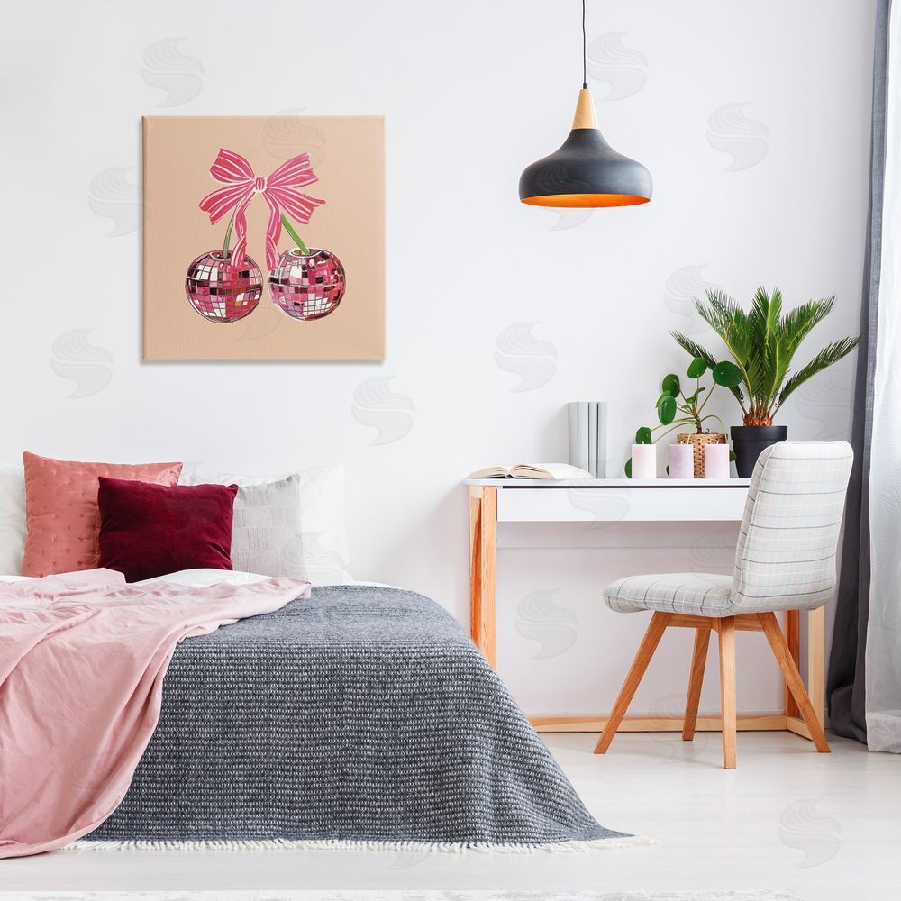 Amelia Noyes Cherries with Pink Bow Canvas Wall Art in Room
