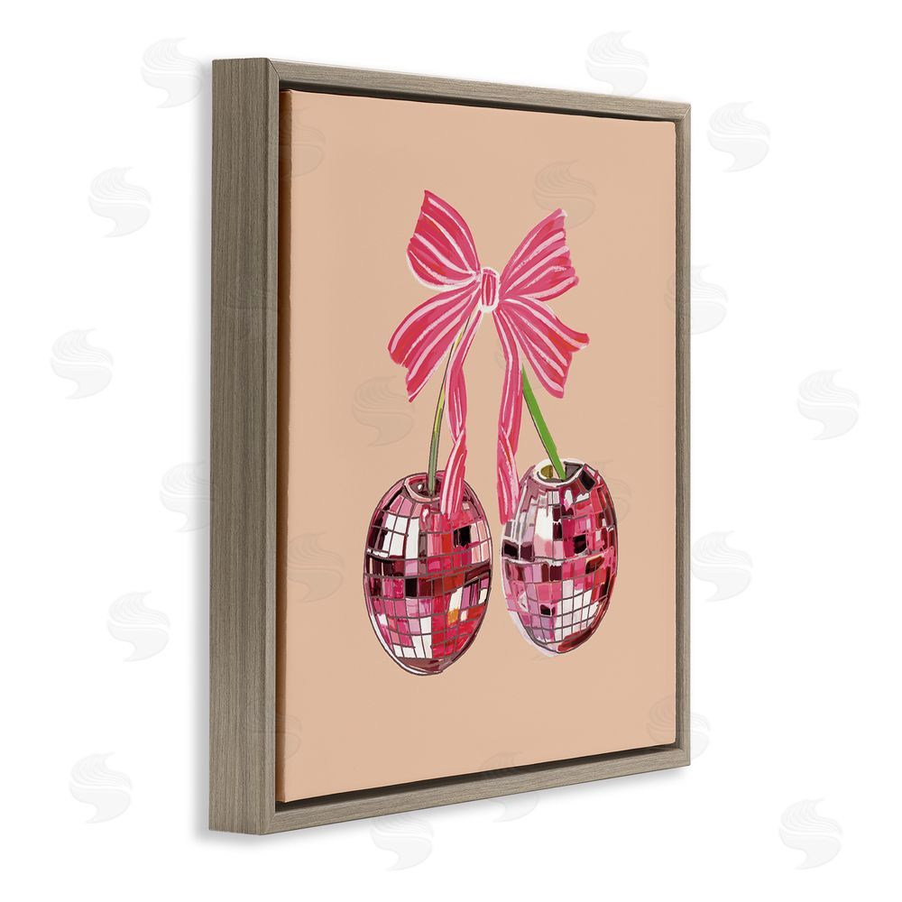 Amelia Noyes Cherries with Pink Bow Brown Floating Frame Canvas Wall Art Print