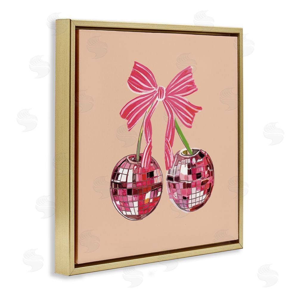 Amelia Noyes Cherries with Pink Bow Gold Floating Frame Canvas Wall Art Print
