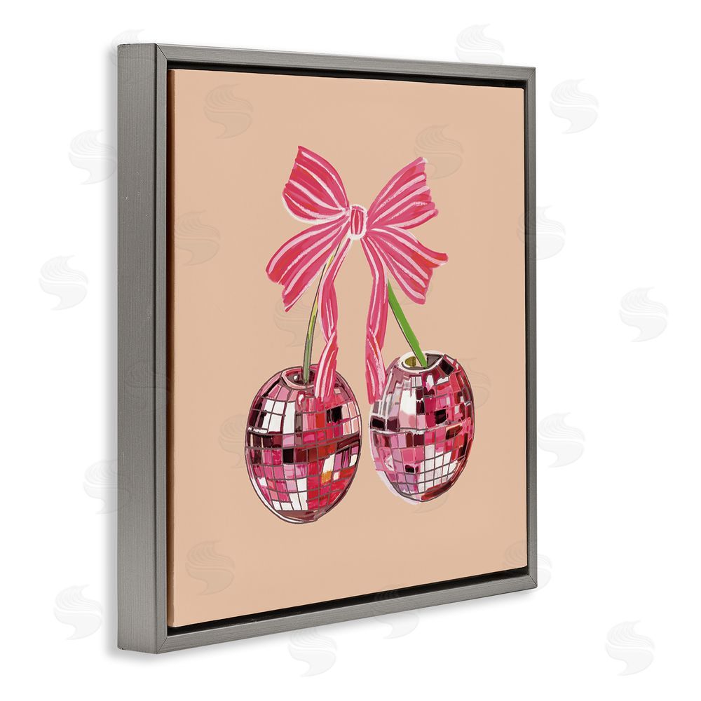 Amelia Noyes Cherries with Pink Bow Gray Floating Frame Canvas Wall Art Print