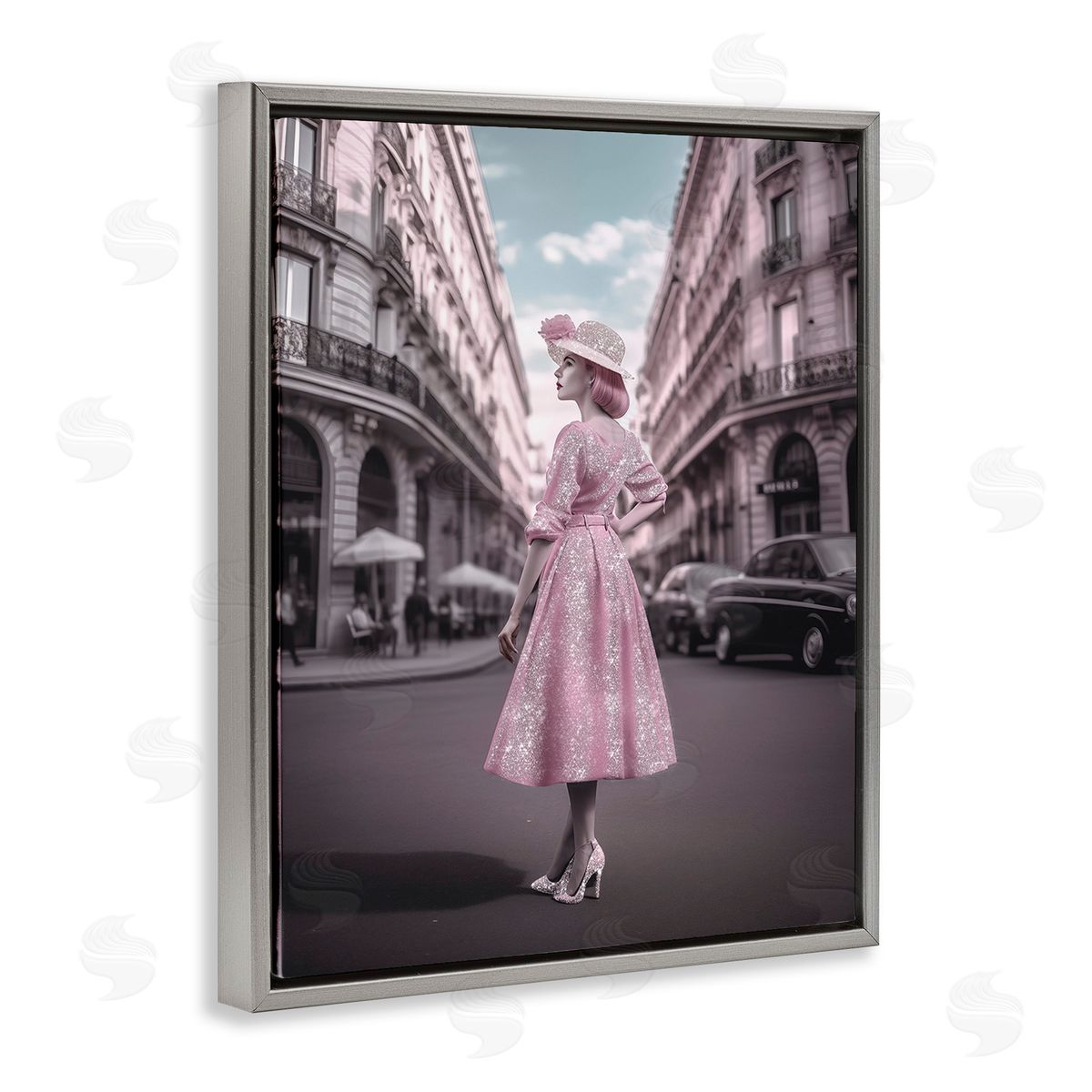 Ziwei Li Vintage Fashion in City Gray Floating Frame Canvas Wall Art Print