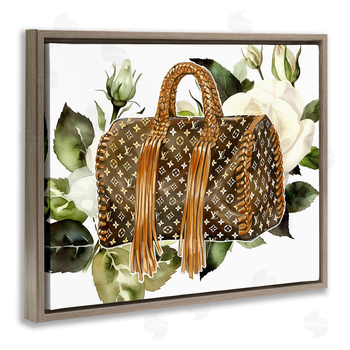Ziwei Li Designer Purse with Roses Brown Floating Frame Canvas Wall Art Print