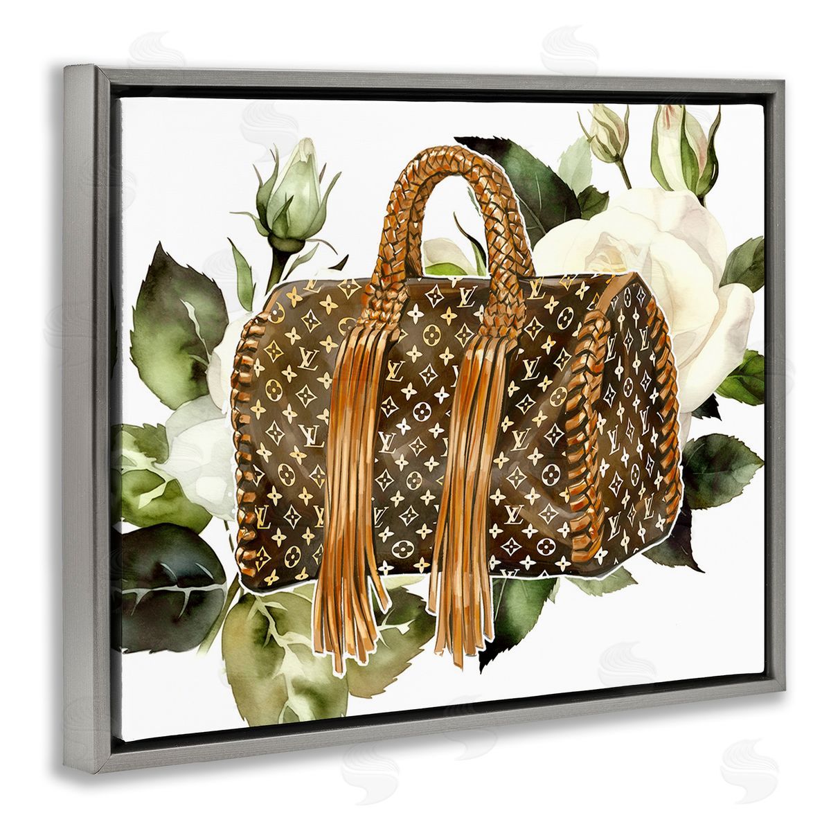 Ziwei Li Designer Purse with Roses Gray Floating Frame Canvas Wall Art Print