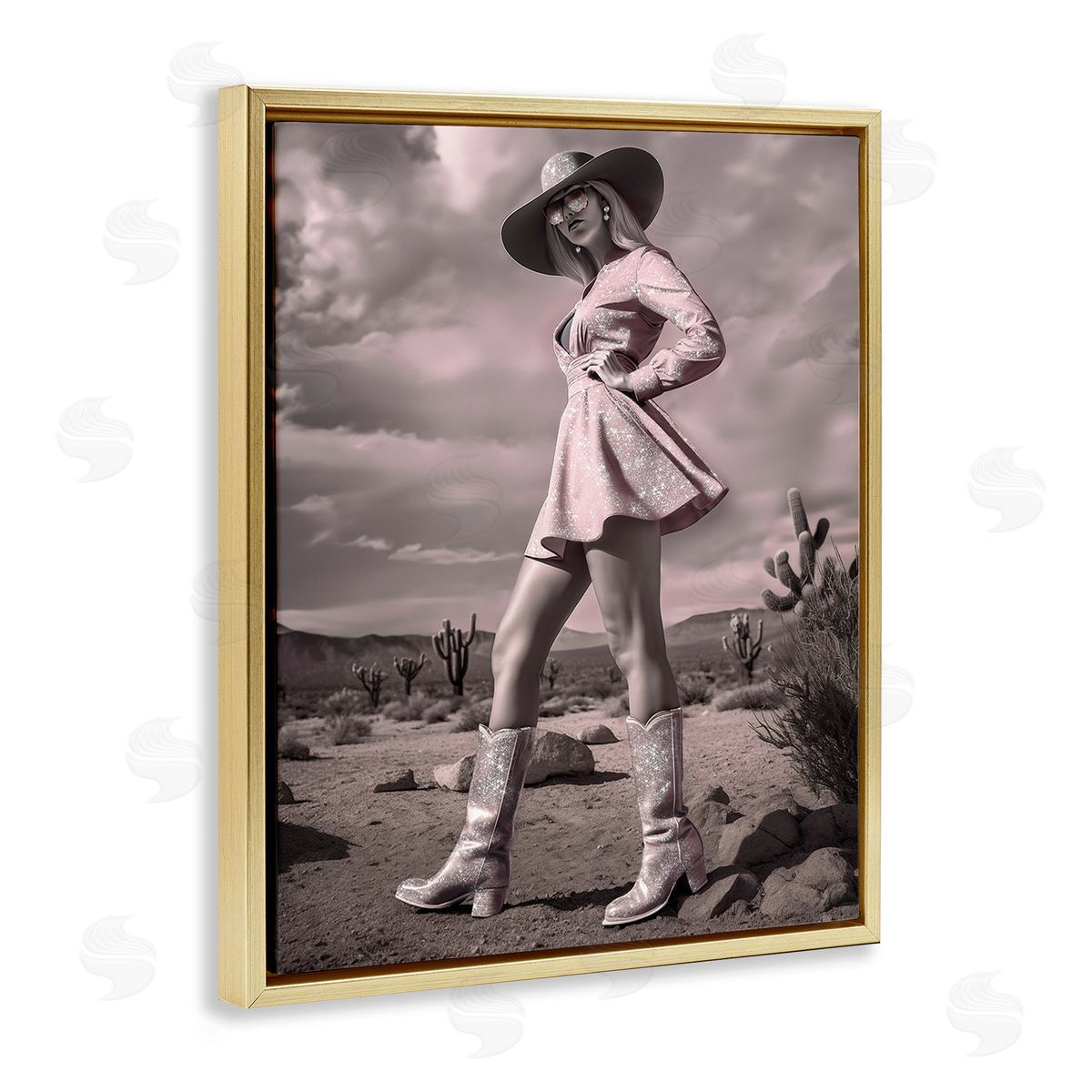 Ziwei Li Glam Cowgirl in Dress Gold Floating Frame Canvas Wall Art Print
