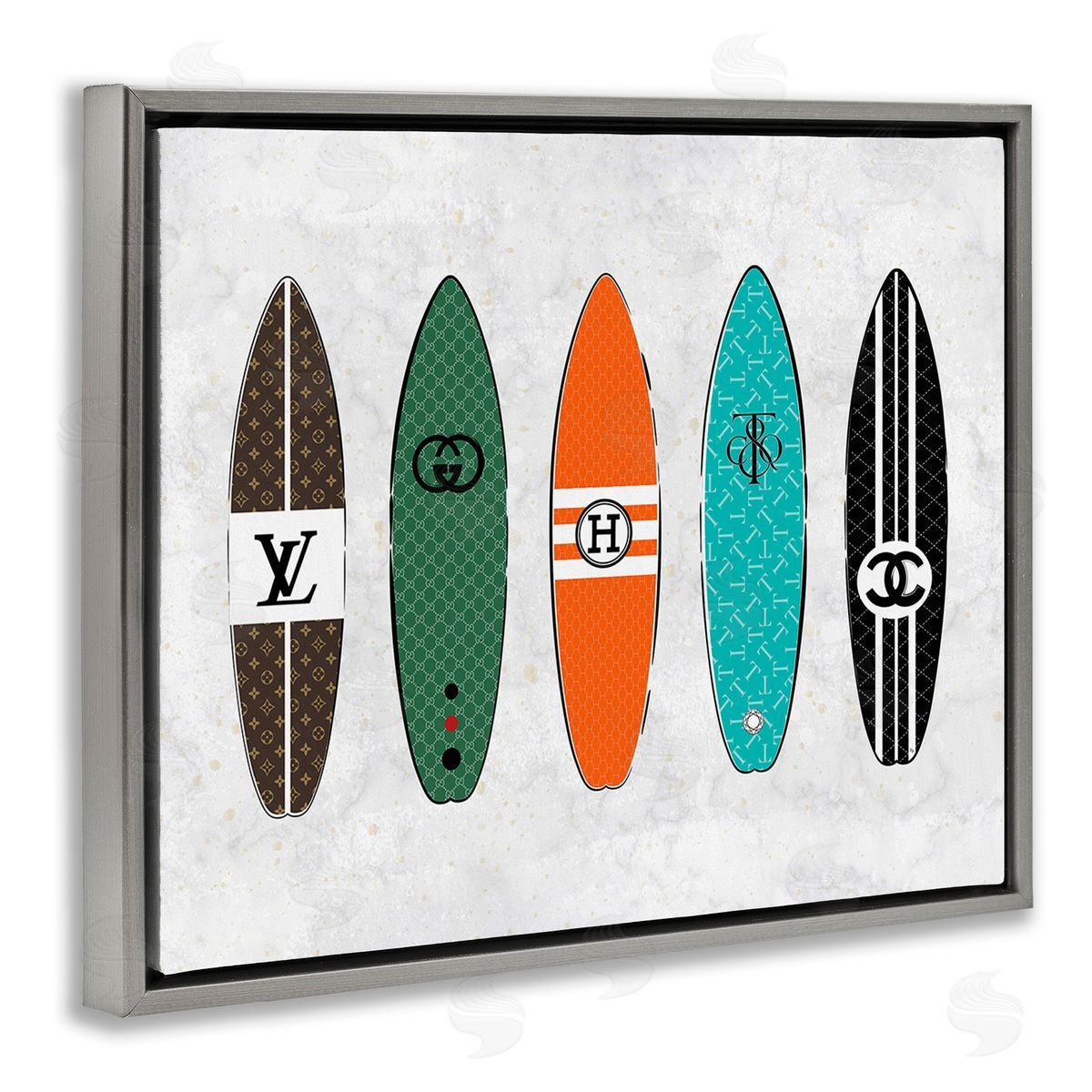 Martina Pavlova Nautical Glam Surfboards Gray Floating Frame Canvas Wall Art Print