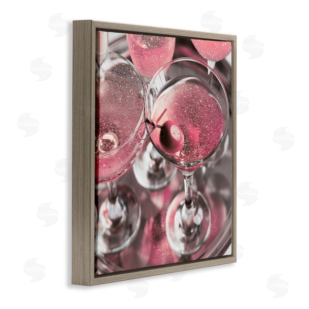 Stupell Studio Pink Sparkle Martinis Brown Floating Frame Canvas Wall Art Print