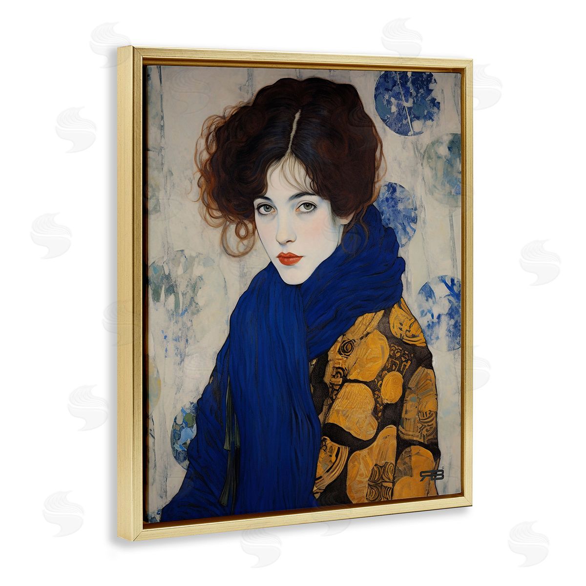 RB Chic Woman Blue Scarf Gold Floating Frame Canvas Wall Art Print