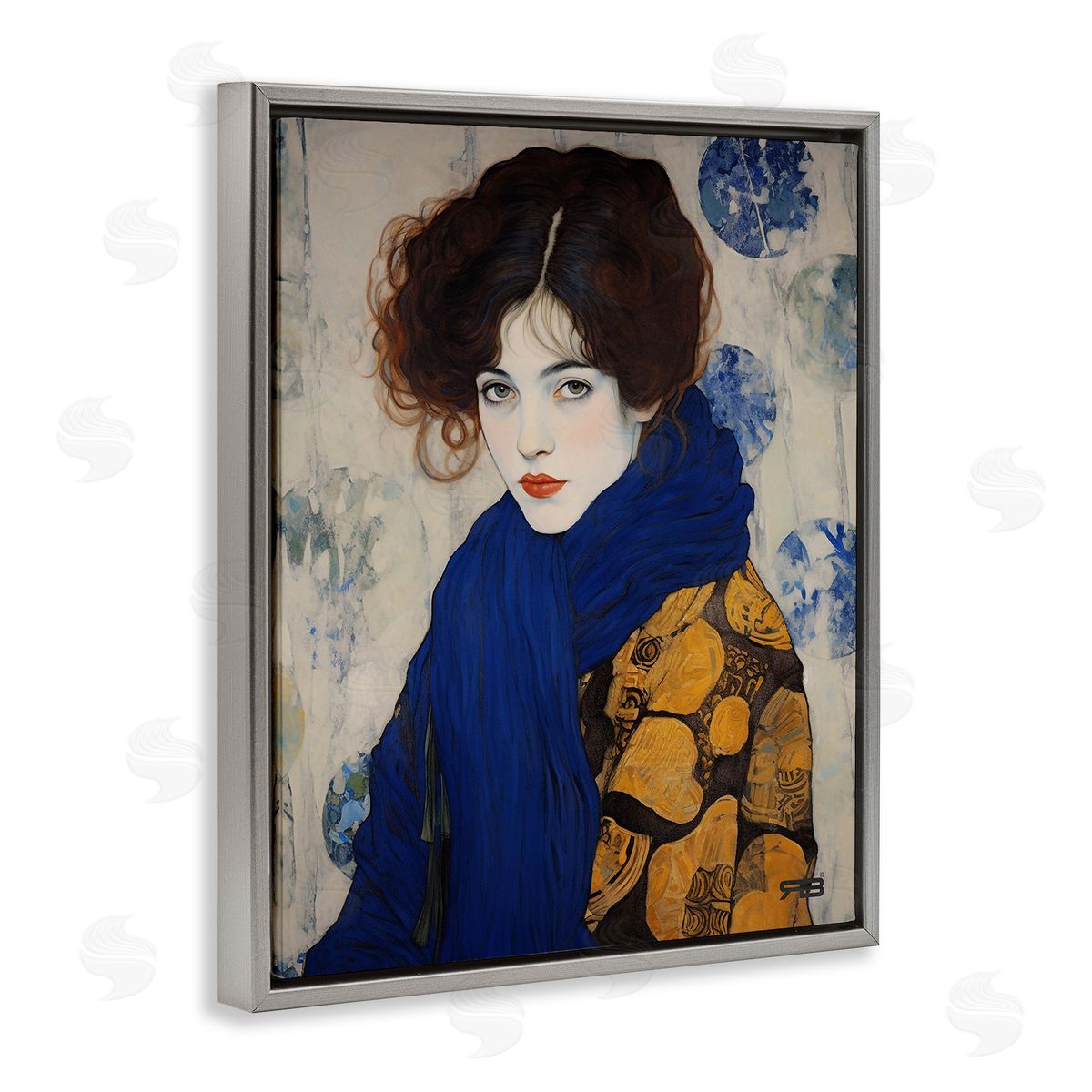 RB Chic Woman Blue Scarf Gray Floating Frame Canvas Wall Art Print