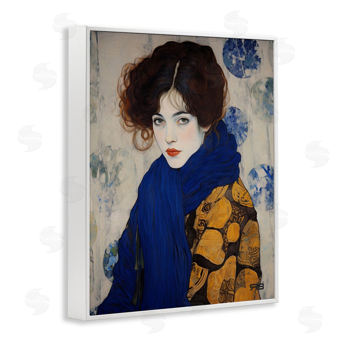 RB Chic Woman Blue Scarf White Framed Giclee Wall Art Print