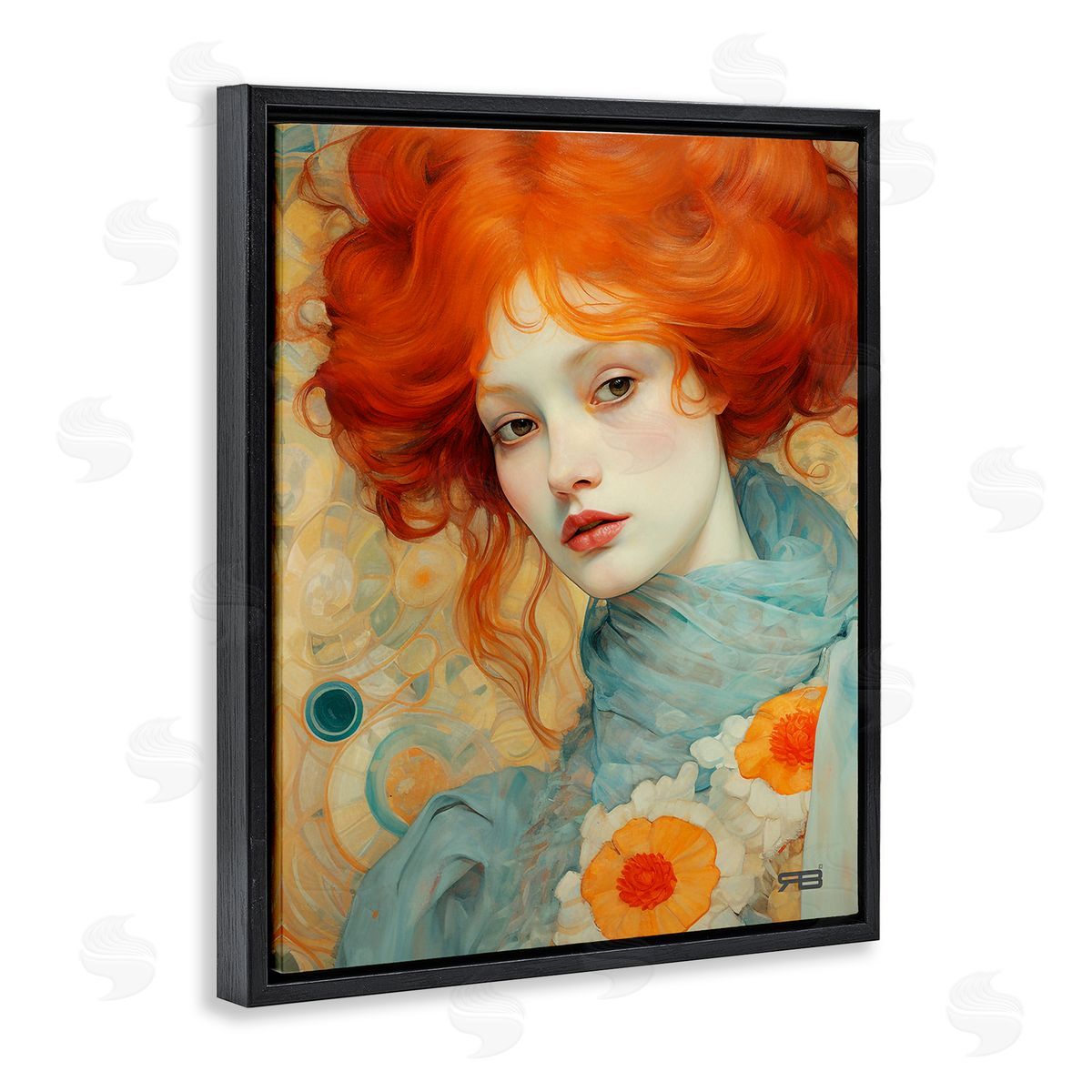 RB Flower Patterned Woman Black Floating Frame Canvas Wall Art Print