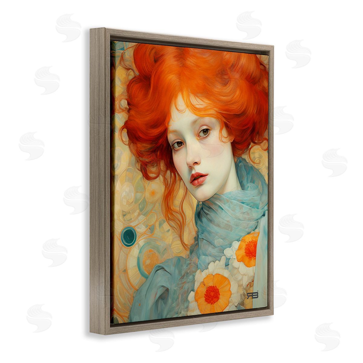 RB Flower Patterned Woman Brown Floating Frame Canvas Wall Art Print
