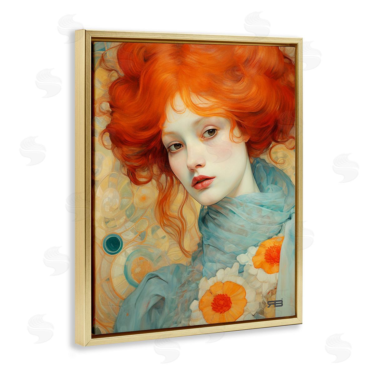 RB Flower Patterned Woman Gold Floating Frame Canvas Wall Art Print