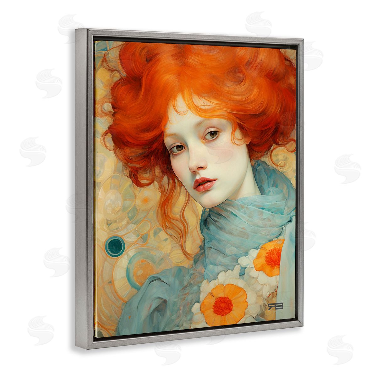 RB Flower Patterned Woman Gray Floating Frame Canvas Wall Art Print