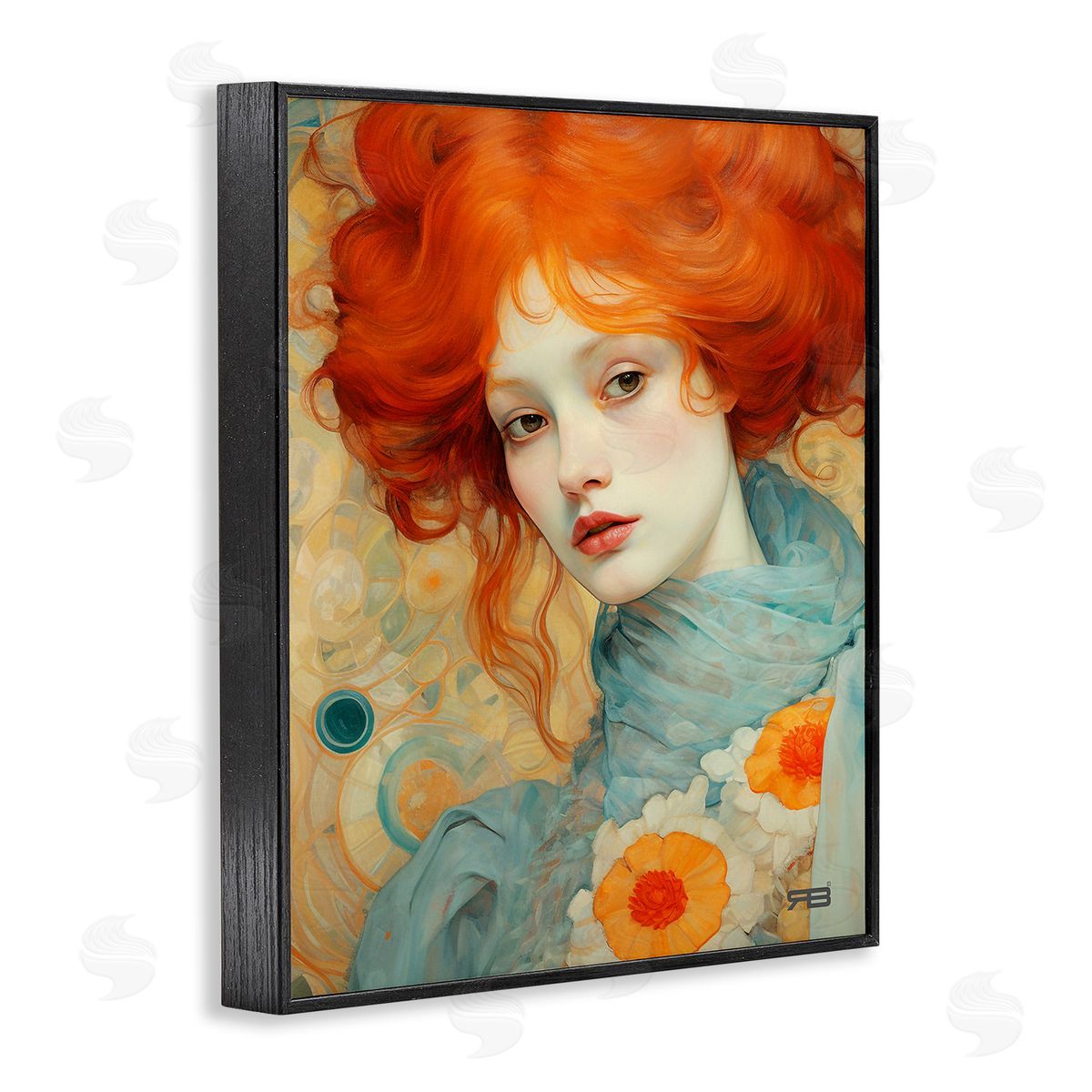 RB Flower Patterned Woman Black Framed Giclee Wall Art Print