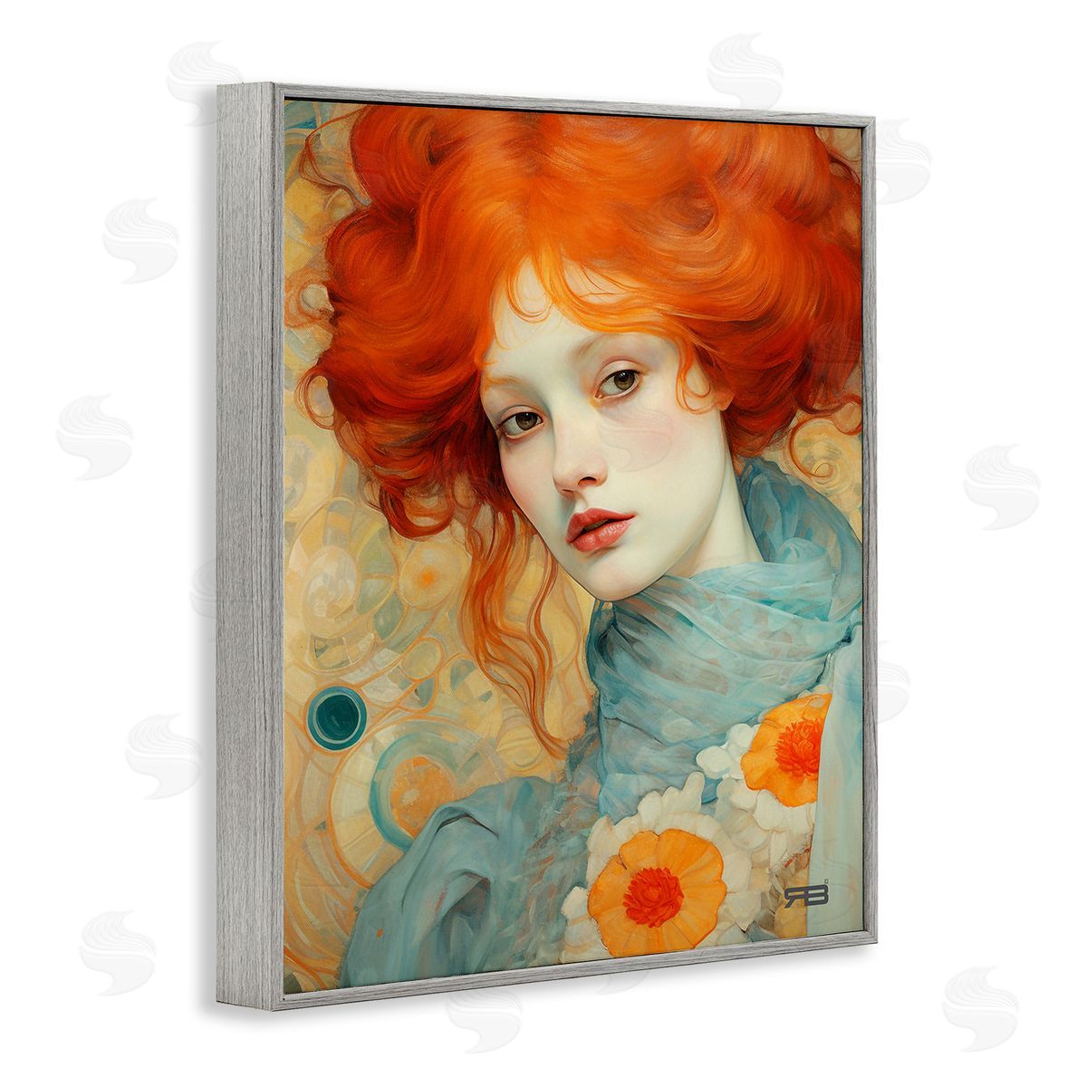 RB Flower Patterned Woman Gray Framed Giclee Wall Art Print