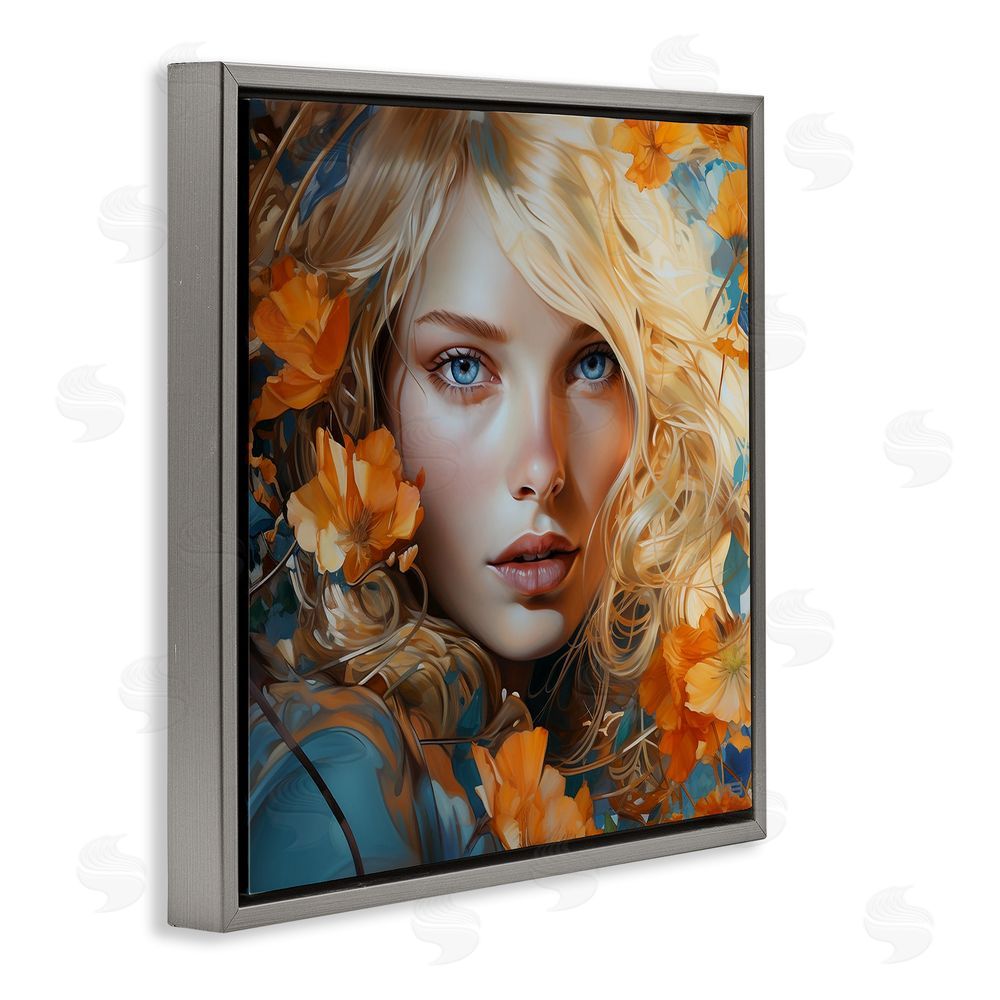 RB Woman with Blue Gaze Gray Floating Frame Canvas Wall Art Print