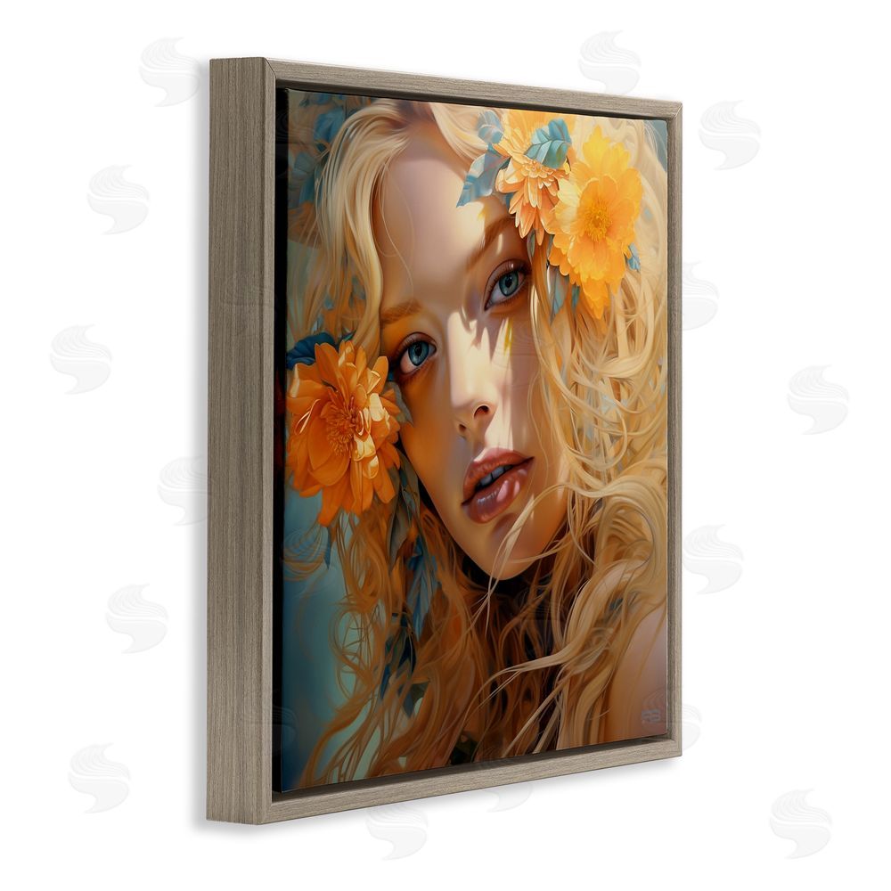 RB Girl & Orange Blossoms Brown Floating Frame Canvas Wall Art Print