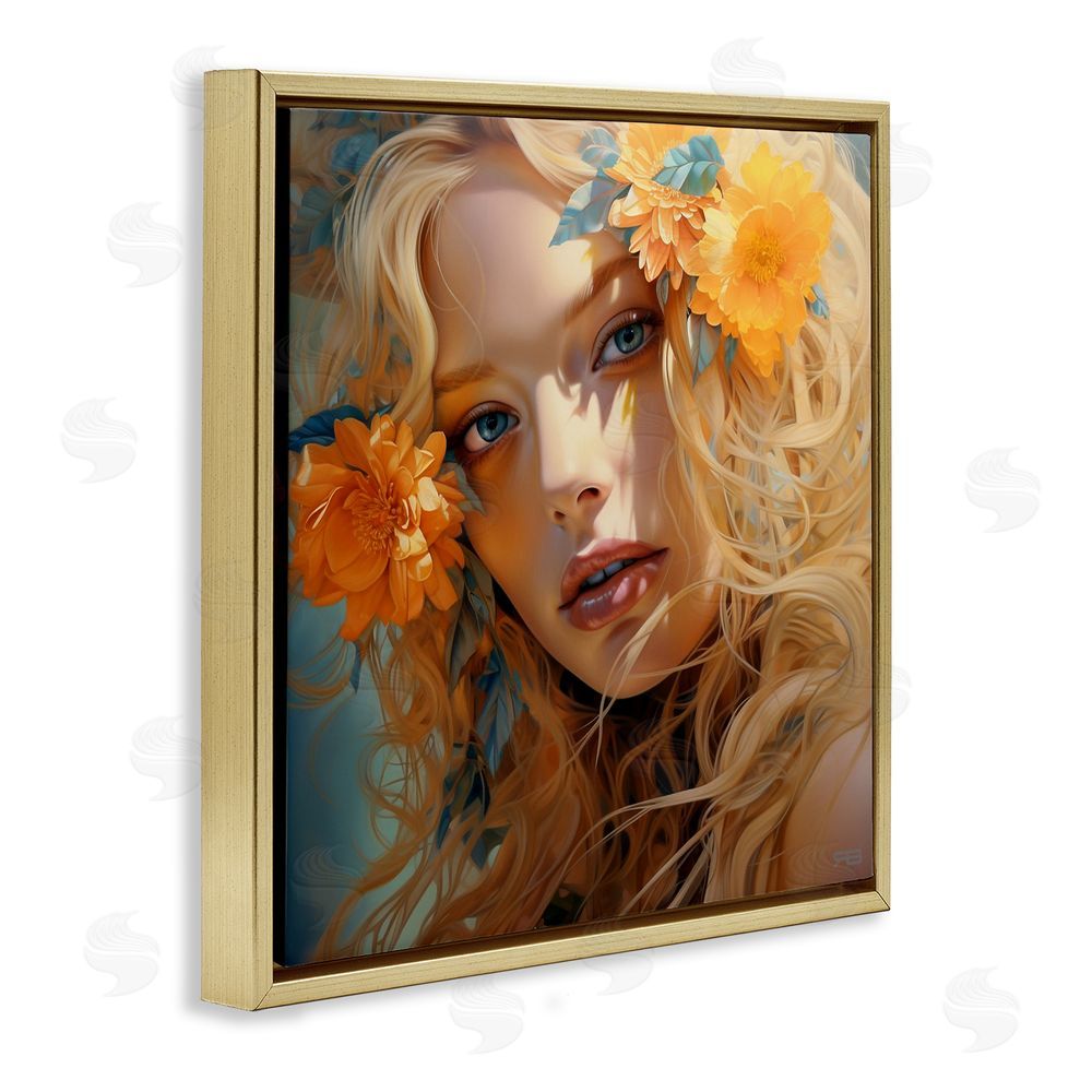 RB Girl & Orange Blossoms Gold Floating Frame Canvas Wall Art Print