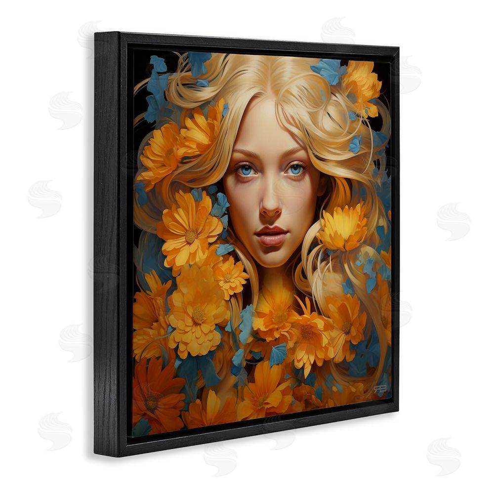 RB Girl with Cascading Flowers Black Floating Frame Canvas Wall Art Print