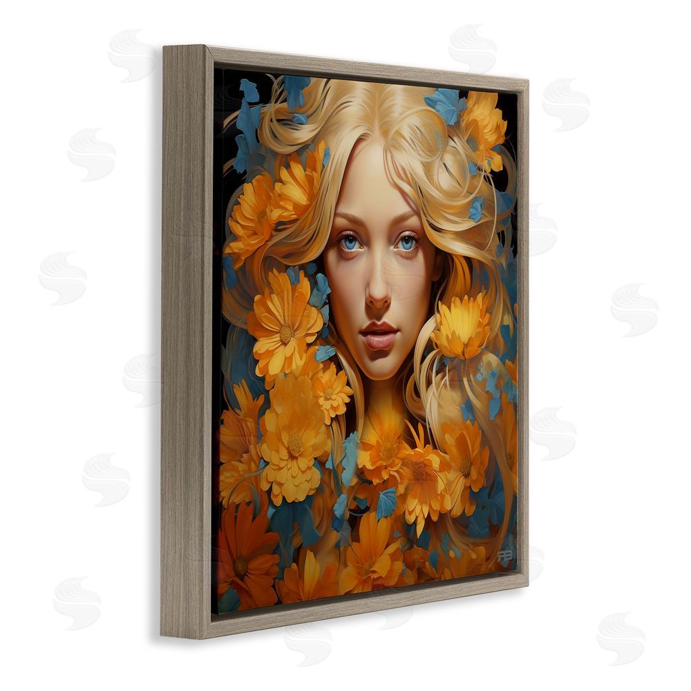 RB Girl with Cascading Flowers Brown Floating Frame Canvas Wall Art Print