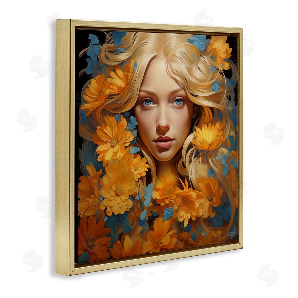 RB Girl with Cascading Flowers Gold Floating Frame Canvas Wall Art Print