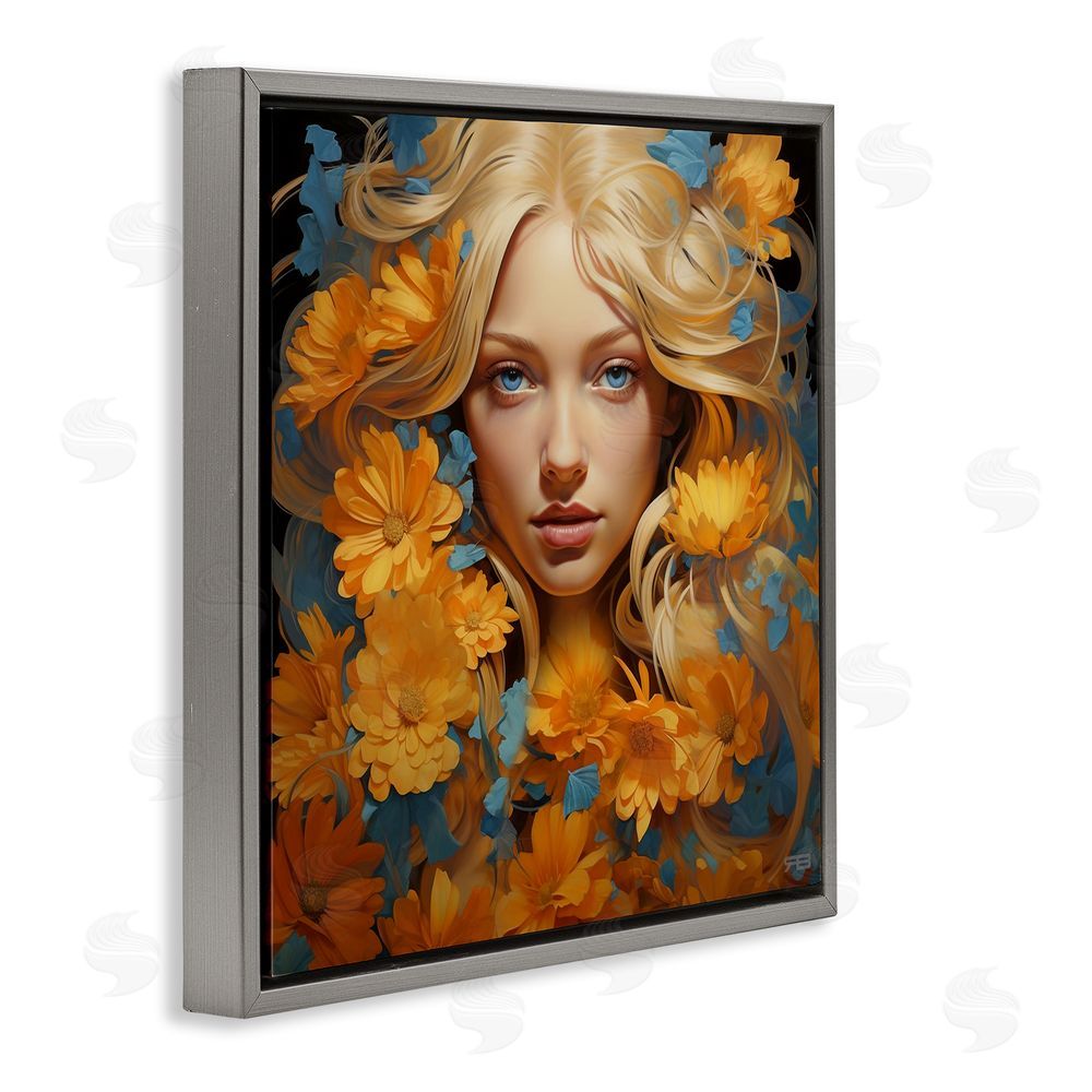 RB Girl with Cascading Flowers Gray Floating Frame Canvas Wall Art Print