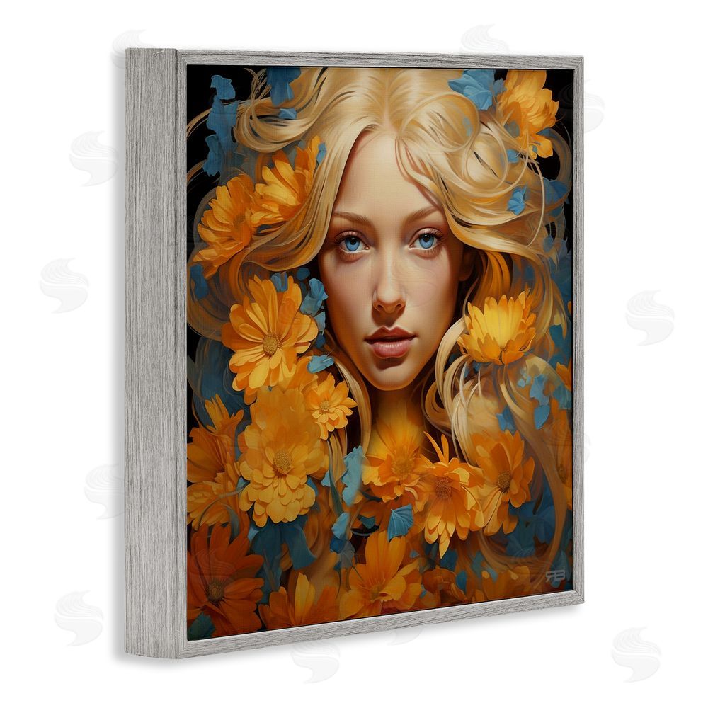 RB Girl with Cascading Flowers Gray Framed Glicee Wall Art Print
