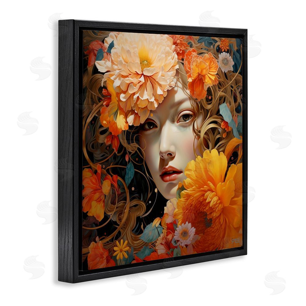 RB Woman & Scattered Blossoms Black Floating Frame Canvas Wall Art Print