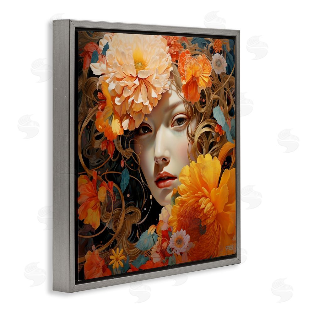 RB Woman & Scattered Blossoms Gray Floating Frame Canvas Wall Art Print
