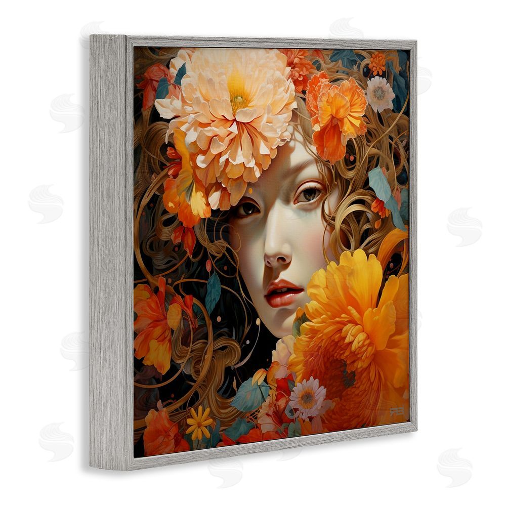 RB Woman & Scattered Blossoms Gray Framed Glicee Wall Art Print