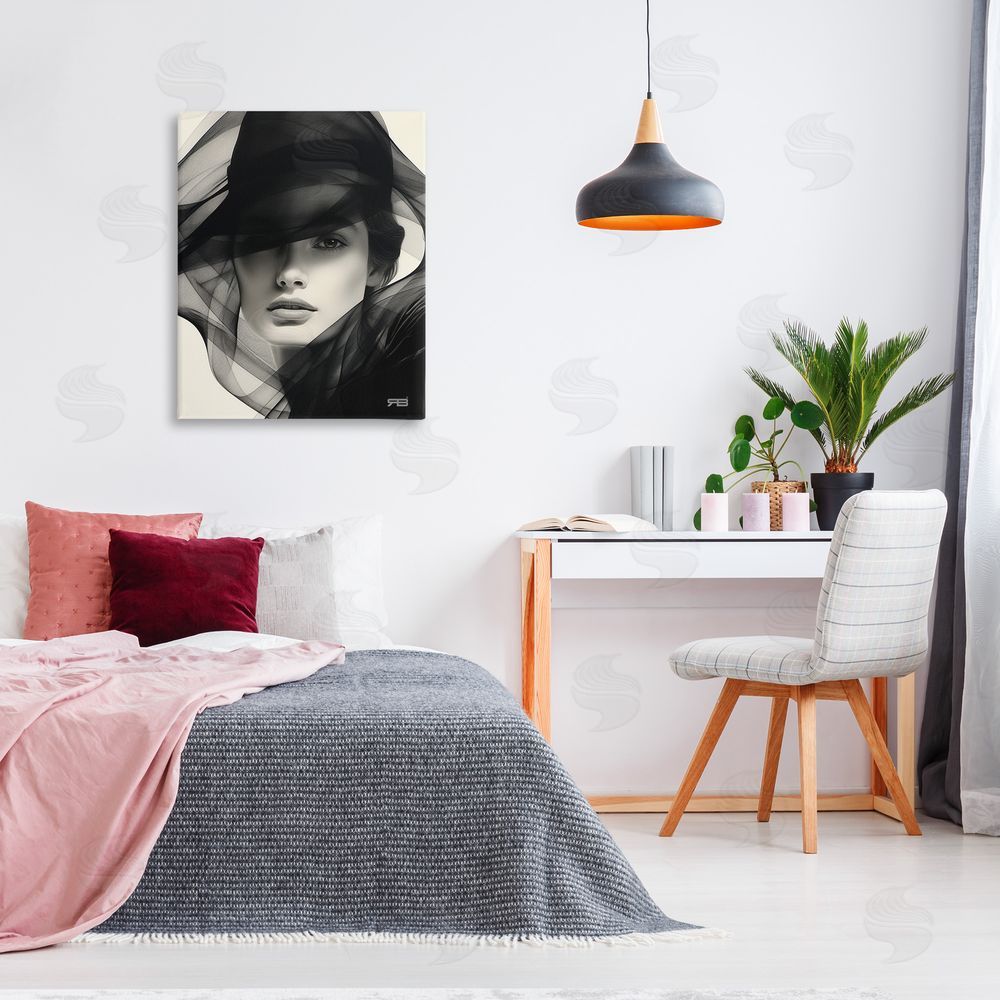 RB Woman with Swirling Hat Canvas Wall Art Print in Room