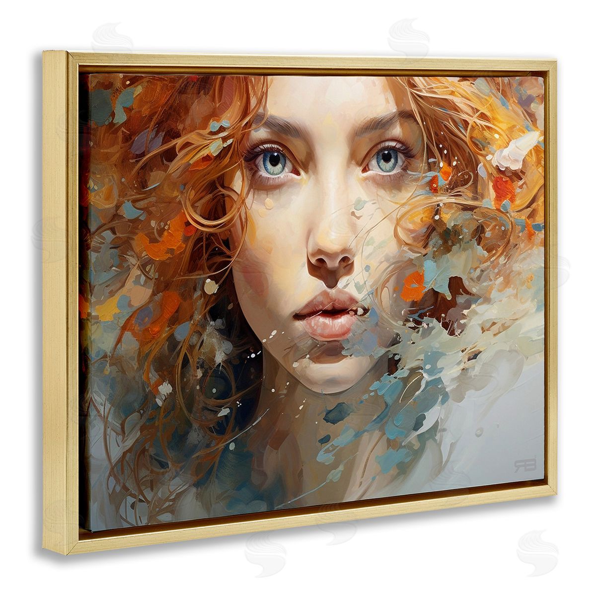 RB Abstract Splatter Portrait Gold Floating Frame Canvas Wall Art Print