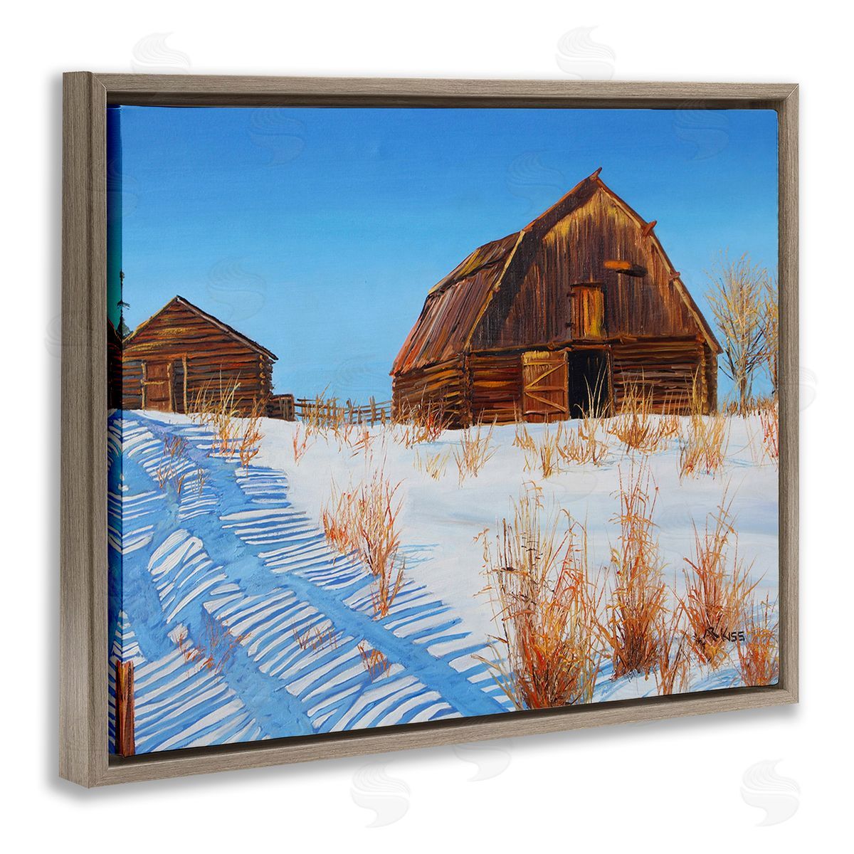 Andrew Kiss Winter Country Barn Brown Floating Frame Canvas Wall Art Print