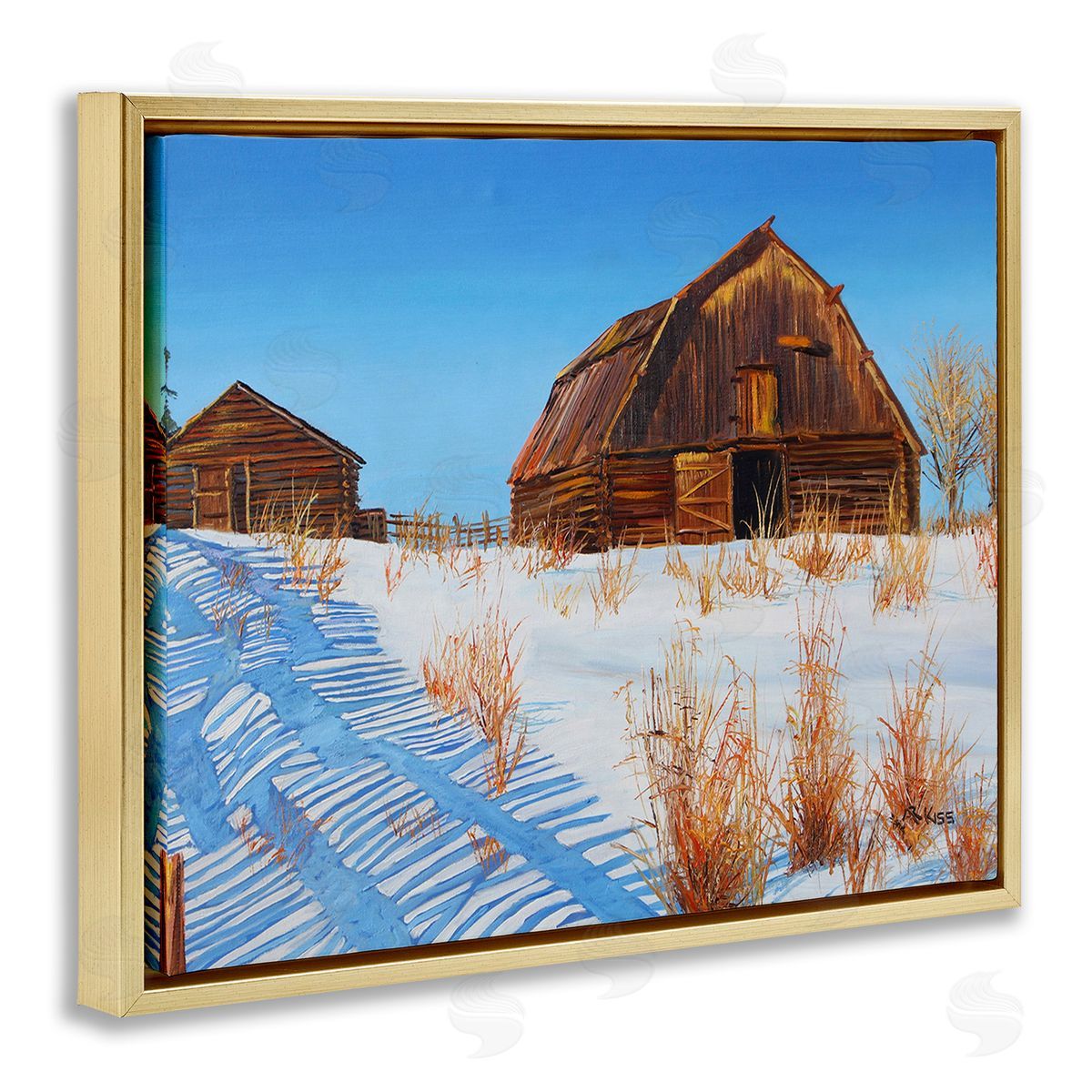 Andrew Kiss Winter Country Barn Gold Floating Frame Canvas Wall Art Print