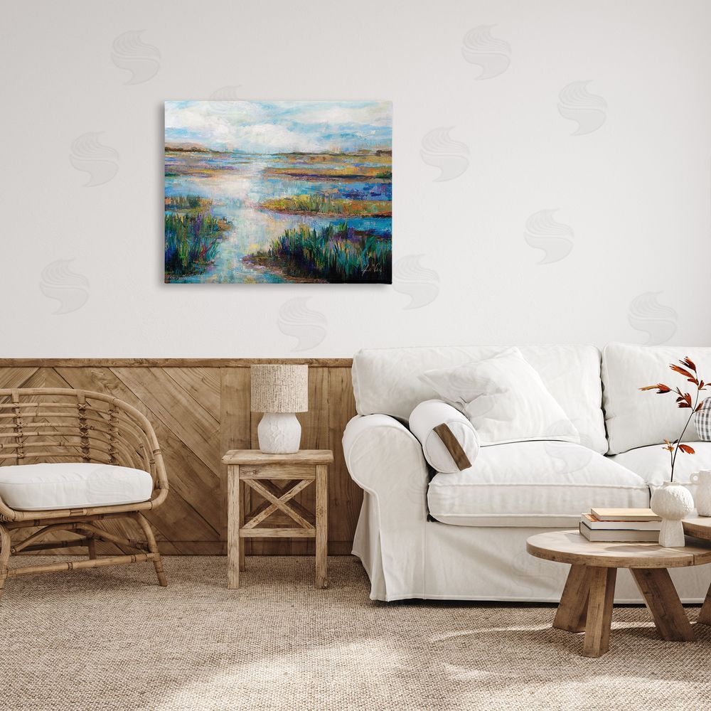 Jeanette Vertentes Modern River Scenery Canvas Wall Art Print in Room